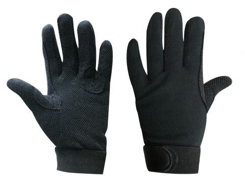 Breathable cotton knit reinforced riding gloves with pebbled palms and Velcro closure.