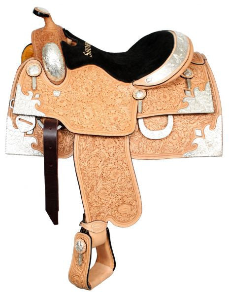 16" Showman™ oak leaf and acorn tooled silver show saddle.