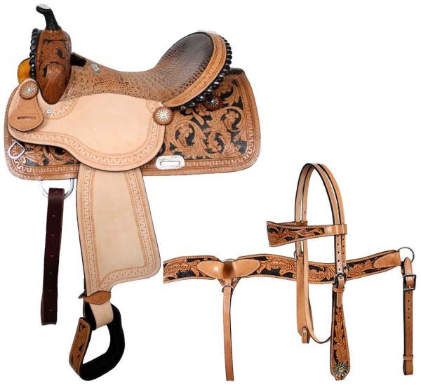 14",15",16" Double T barrel saddle with alligator print seat and matching headstall and breastcollar.