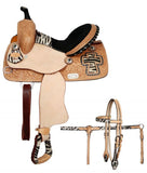 13" Double T youth/pony size barrel saddle with half colored zebra print seat.