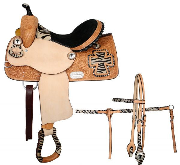 15", 16" Double T barrel saddle with half colored zebra print seat.