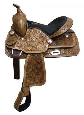 13" Fully tooled Double T youth saddle with suede leather seat.
