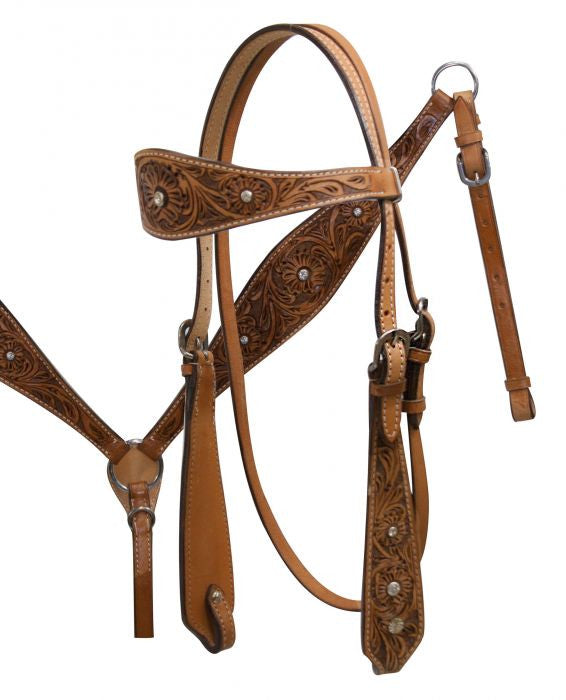 Double Stitched Leather Headstall with Floral Tooling.