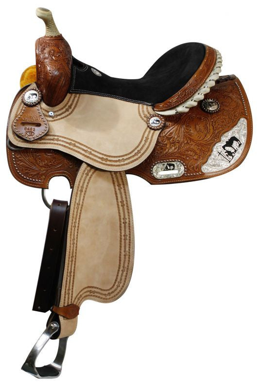 Double T Barrel style saddle with praying cowboy silver accents.