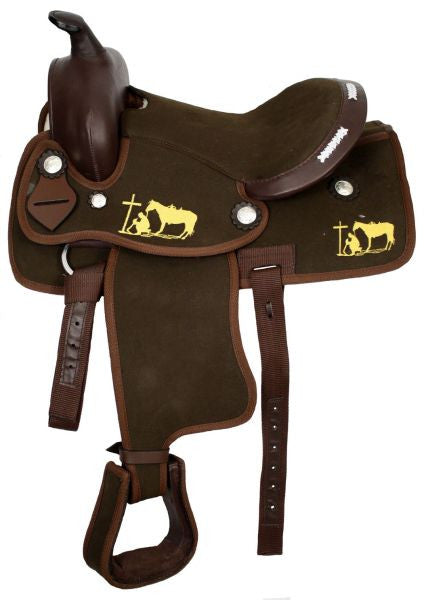 12" Nylon cordura pony saddle with praying cowboy logo.
