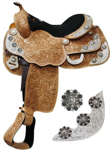16" Fully tooled Double T Show saddle with engraved silver accented with crystal rhinestone conchos.