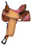 14" , 15", 16" Double T Barrel Style Saddle with Pink Alligator Print Seat.