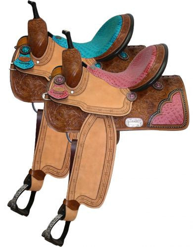 14" , 15", 16" Double T Barrel Style Saddle with Pink Alligator Print Seat.