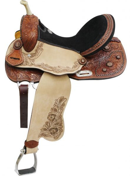 14", 15", 16" Double T Barrel Style Saddle with Copper Colored Startburst Conchos. * Full QH Bars*