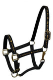 Average horse size nylon halter with neoprene lined nose and crown. Accented with "I Love My Horse" overlay on cheeks and crown. Halter has eyelets on crown and adjustable nose and throat latch.