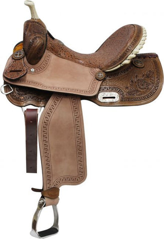 14" 15" 16" Double T Barrel Style Saddle with Brown Filigree Seet and Tooling.