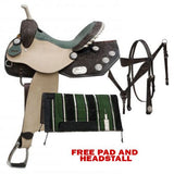 14"  Double T barrel style saddle set with teal alligator print seat.