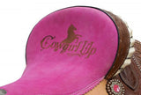 14", 16" Double T barrel style saddle set with pink Cowgirl Up seat.