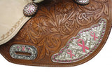 14" 15" 16" Double T Barrel Style Saddle Set with Pink Ribbon Engraved Silver. engraved silver conchos