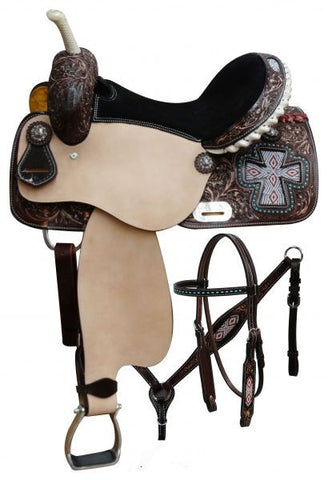 14", 15", 16" Beaded cross inlay barrel saddle set.
