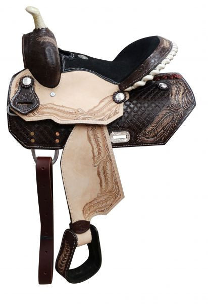 13" Youth barrel saddle with tooled feather design.