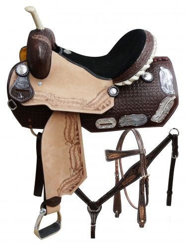 14", 15", 16" Barrel style saddle set with silver feather inlay on skirts.