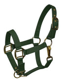 Weanling/Small Pony size leather halter with brass hardware.  Comes with double buckles on crown, adjustable nose and throat latch.