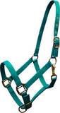 Cobb size nylon halter is constructed of triple ply nylon with brass hardware. Has eyelets on crown and adjustable nose and throat latch.