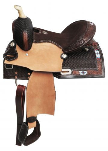 13" Double T Pony/Youth saddle with beaded inlay.