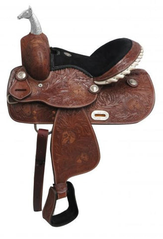13" Double T Pony/Youth saddle with tooled horse design.