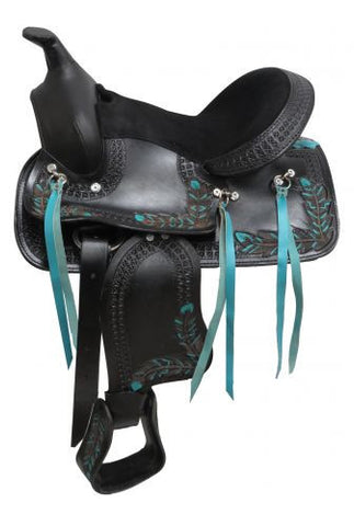 12" Pony/Youth saddle with feather tooled design.