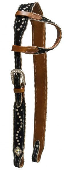 Showman ® One ear belt headstall with suede overlay and crystal rhinestone studs.