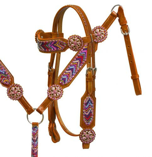 Showman ® Headstall and breast collar set with multi color chevron lace overlay accented with pinwheel conchos.