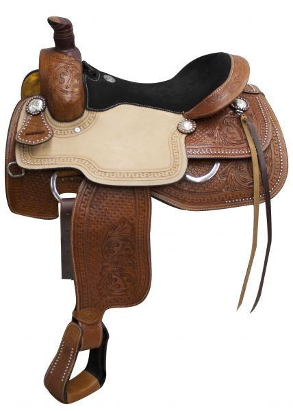 16", 17" Double T Roper style saddle with suede leather seat.
