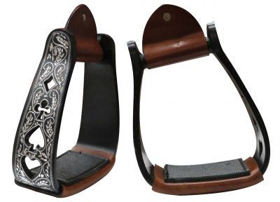 Showman™  Angled Black Aluminum Stirrups with Silver Engraving and Cut Out Poker Suit Designs.