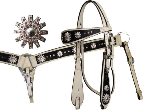 Showman™ double stitched leather hair on cowhide browband headstall and breast collar set with pink crystal rhinestone spur rowel conchos.
