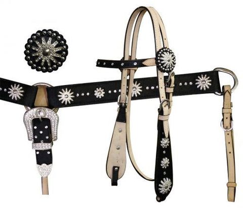 Showman™ double stitched leather hair on cowhide browband headstall and breast collar set with crystal rhinestone spur rowel conchos.