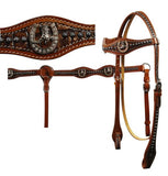 Showman™ Alligator print headstall and breast collar set accented with horseshoe conchos with cowboy boot and crystal rhinestones.