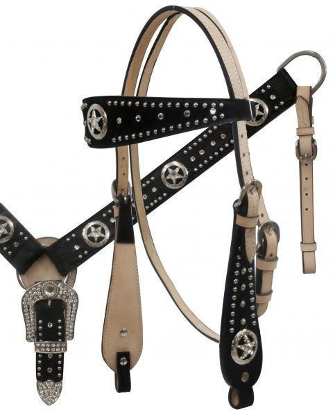 Showman ® double stitched leather wide browband headstall and breast collar set with silver engraved Texas star conchos.
