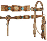 Showman™  headstall and brest collar set with turquoise cross stones, rawhide accents and basket weave tooling. Made by   Showman™ products.
