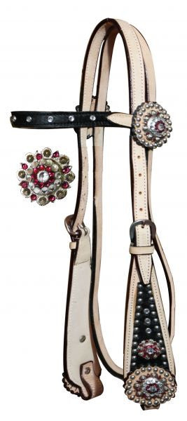 Showman™ double stitched leather browband headstall with pink and clear rhinestone conchos.