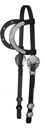 Showman™ Double stitched leather double ear headstall with silver engraved crystal rhinestone accents.