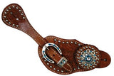 Showman™Ladies spur strap with acorn tooling accented with blue crystal rhinestones.