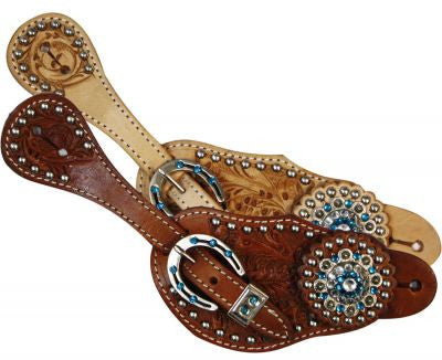 Showman™Ladies spur strap with acorn tooling accented with blue crystal rhinestones.
