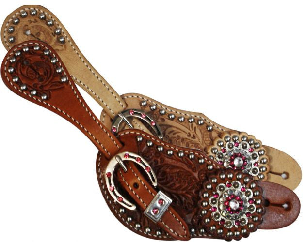 Showman™Ladies spur strap with acorn tooling accented with pink crystal rhinestones