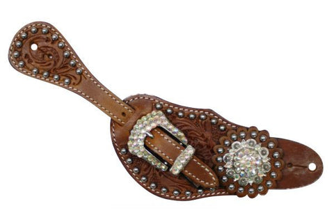 Showman™ Ladies Tooled Leather Spur Straps with Crystal Rhinestone Hardware and conchos.