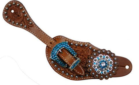Showman™ Ladies Tooled Leather Spur Straps with Blue Rhinestone Hardware and conchos.