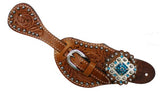 Showman™  Ladies Tooled Leather Spur Straps with Diamond Shaped Blue Rhinestone Conchos.