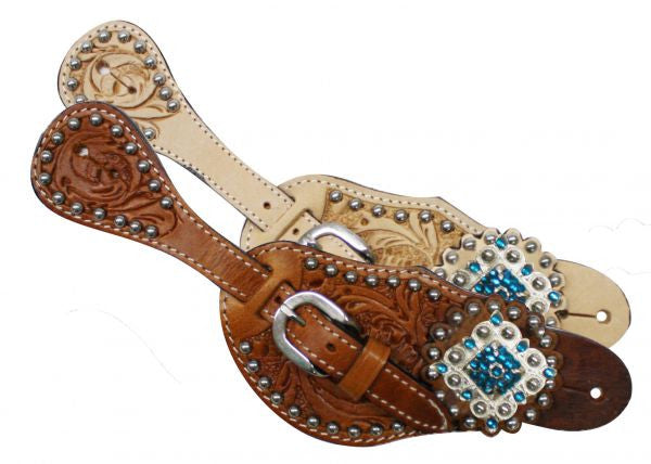 Showman™  Ladies Tooled Leather Spur Straps with Diamond Shaped Blue Rhinestone Conchos.