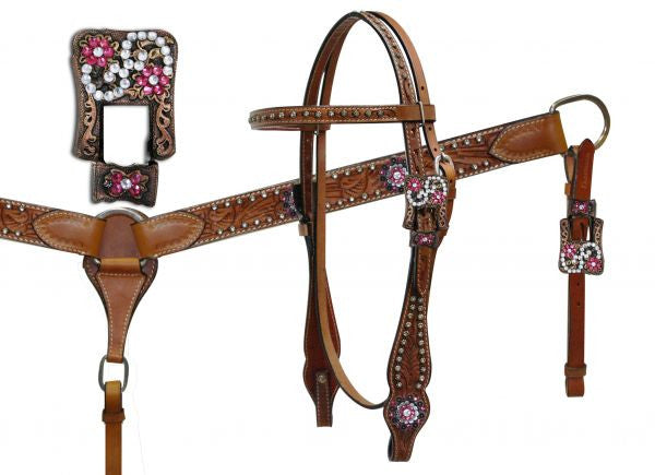 Showman™ Double Stitched Leather Headstall and Breastcollar Set with Vintage Style Buckles and Crystal Rhinestones.