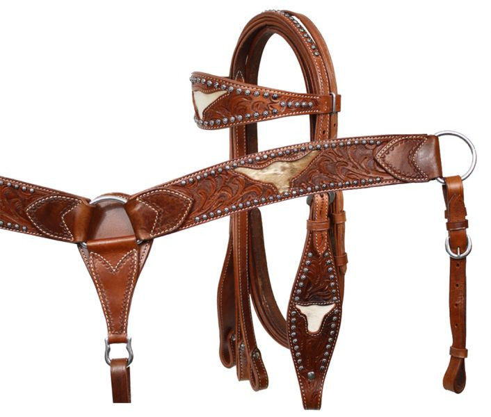 Showman Leather browband headstall and breastcollar set with cut out steer head and hair on cowhide inlay.