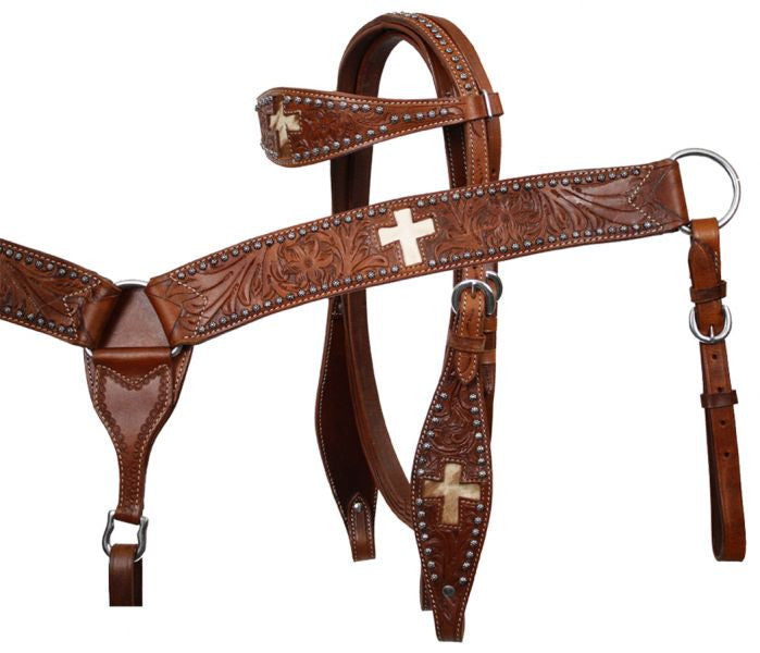 Leather browband headstall and breastcollar set with cut out cross and hair on cowhide inlay. Made by Showman products.