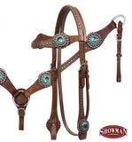 Showman ® leather browband headstall, reins and breastcollar set with pink and teal rhinestones.