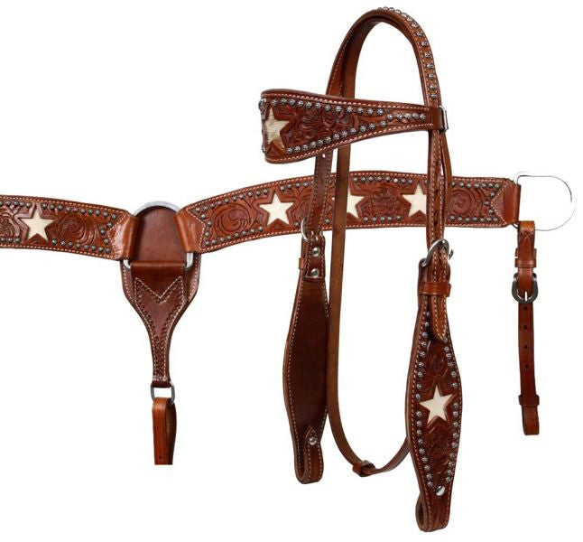 Leather browband headstall and breastcollar set with cut out star and hair on cowhide inlay. Made by Showman products.