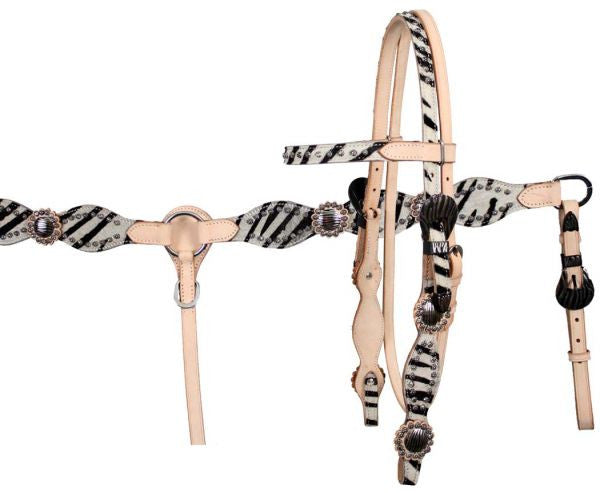 Showman double stitched leather headstall and breast collar set with hair on zebra print.
